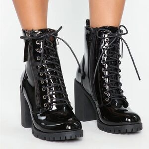 Black Patent Leather Lace-Up Boots